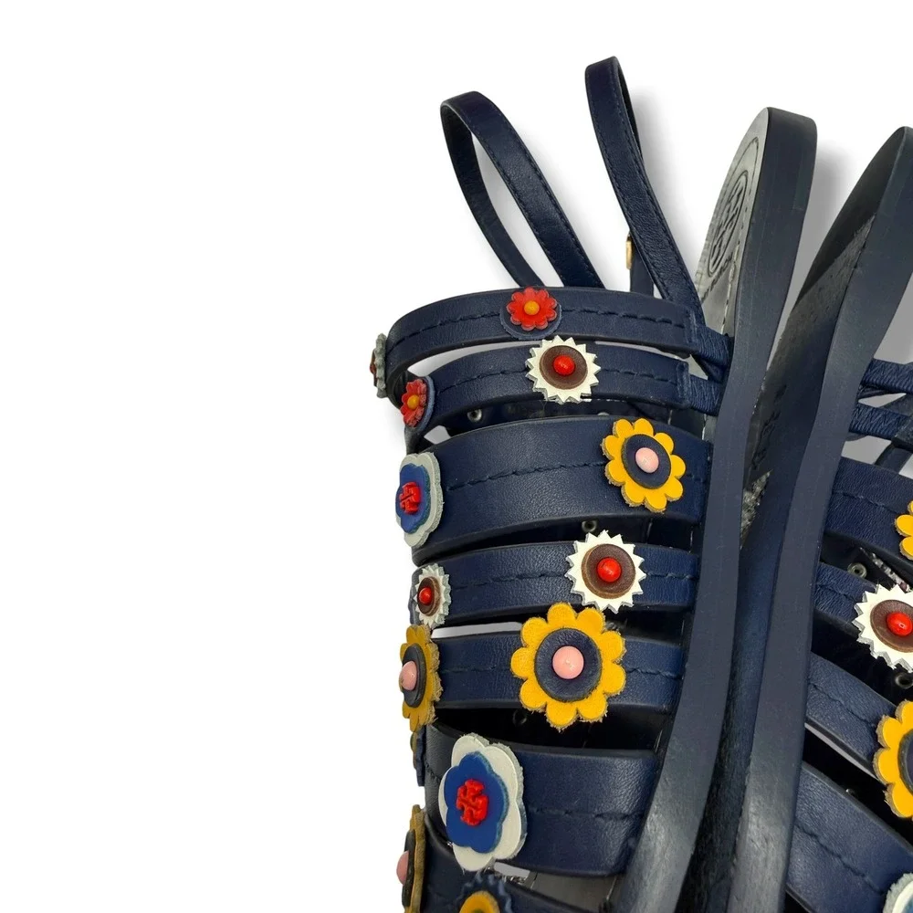 Tory Burch Marguerite Sandals 8 Navy Leather Floral Summer Casual‎ Boho